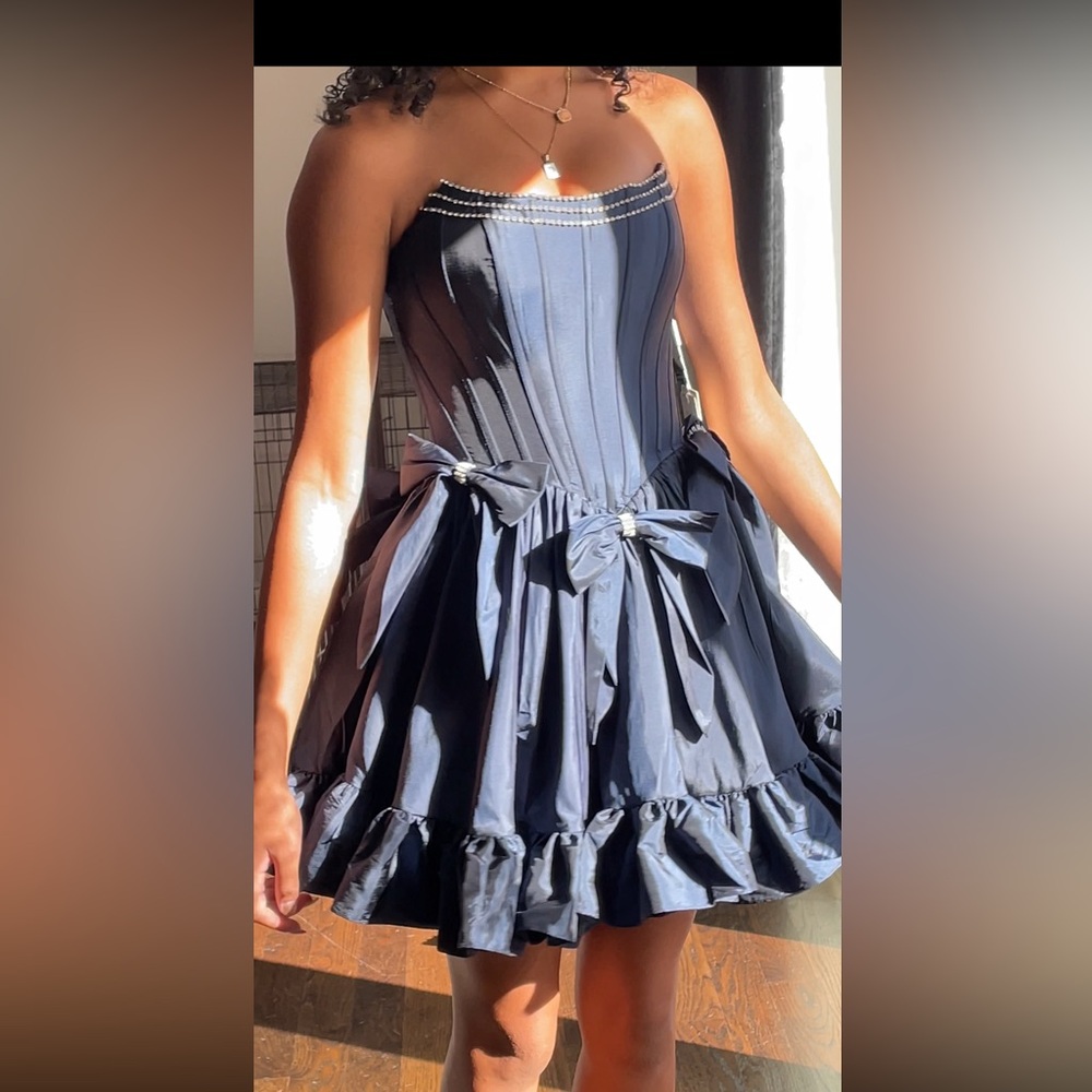 Strapless Navy Blue Corset Prom Dress with Bow Accents
